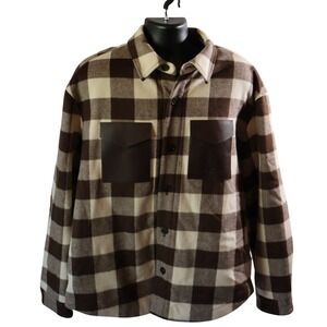 Mackage Ryker PL Shirt Jacket Coffee Cream Plaid 40 Wool Leather NWT MSRP $890